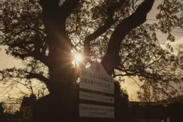 Sunlight breaks through the clouds just above the St Columba's Derryvolgie entrance sign